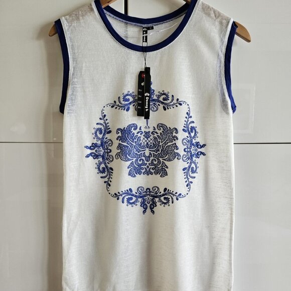 New Danna White Tank Top with Blue Baroque Design - Picture 2 of 8